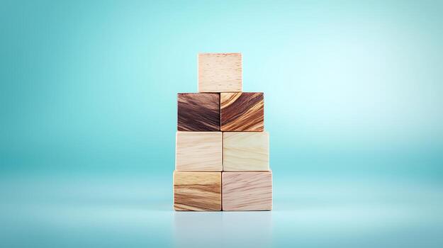 Stack of wooden blocks arranged in a pyramid shape on a soft blue background photo