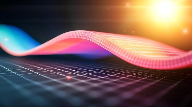 Vibrant abstract wave design with glowing elements on a grid background, ideal for tech visuals photo