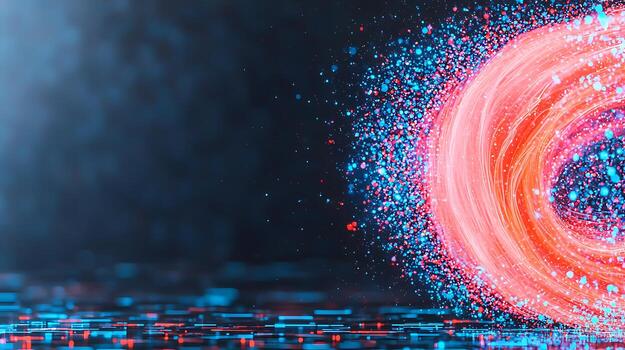 Vibrant abstract swirl of red and blue particles on a dark background, creating a dynamic visual effect photo