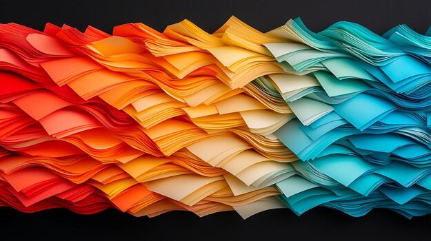 Vibrant arrangement of colorful paper sheets displaying a gradient from red to blue, ideal for design projects photo