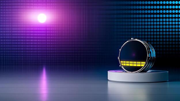 Vibrant audio visualizer with colorful equalizer display on a futuristic stage backdrop photo