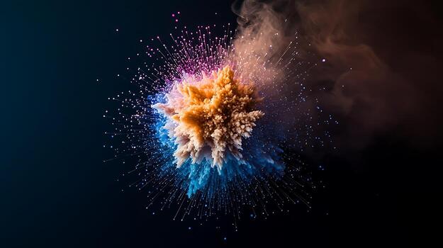 Vibrant explosion of colored powder creating a dynamic visual effect against a dark background photo