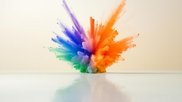Vibrant explosion of colorful powder creating a dynamic visual effect on a clean surface photo