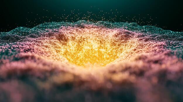 Vibrant explosion of colorful particles creating a mesmerizing visual effect in a dark background photo