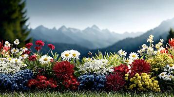 vibrante flor jardín en primer plano con majestuoso montañas y claro cielo en el antecedentes foto