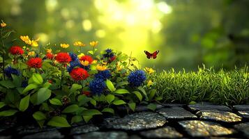 vibrante jardín escena con vistoso flores y un mariposa revoloteando en un iluminado por el sol antecedentes foto