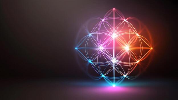 Vibrant geometric light pattern with colorful glowing nodes on a dark background, creating a mystical ambiance photo