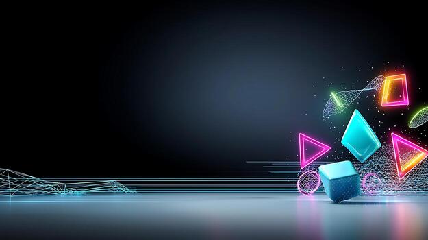 Vibrant geometric shapes in motion against a dark background, creating a dynamic visual effect photo