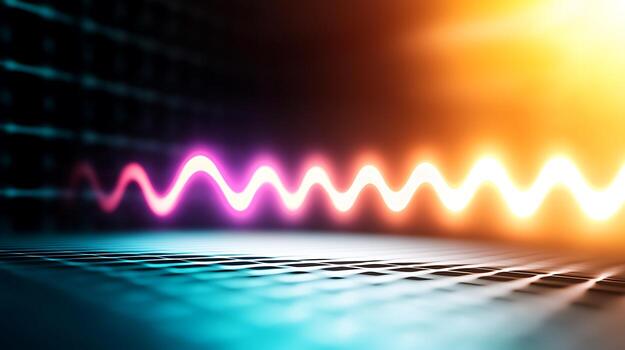 Vibrant sound waves emanating from a textured surface, illuminated by warm light in a digital space photo