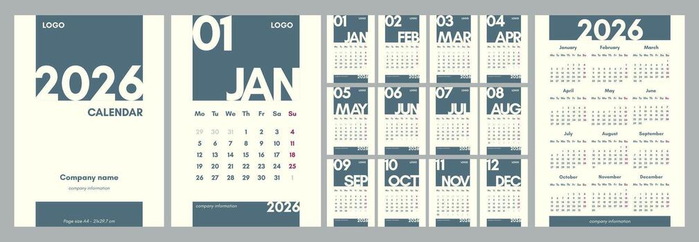 Monthly calendar for 2026. Vertical template, A4 format, English, week starts on Monday. Minimalistic graphics. vector