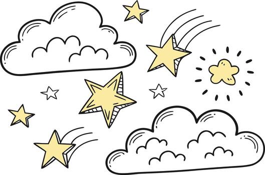 Hand drawn yellow stars and clouds in a whimsical celestial pattern isolated on transparent background vector