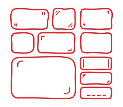 garabatear texto caja. mano dibujado línea burbuja formas y marcos para social medios de comunicación. texto forma, orgánico niño gratis forma. resumen rojo cuadrado habla gotas para diálogo. sencillo conjunto para bala diario con vector