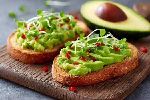 Slices of toasted bread with mashed avocado and microgreens sprinkled with chili flakes photo