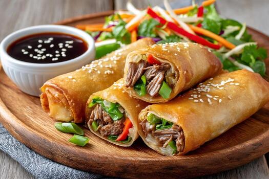 crujiente primavera rollos presentación tirado carne de vaca relleno con sésamo semillas y inmersión salsa. foto