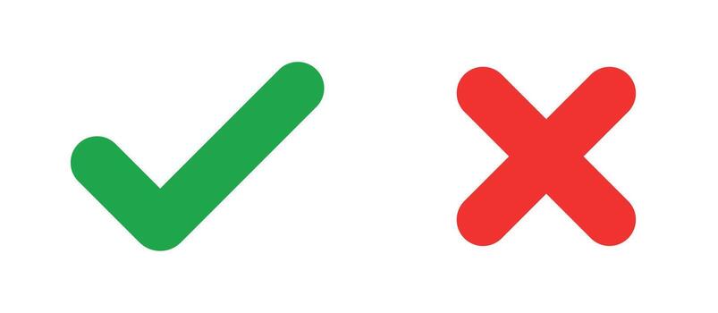 Minimal green check mark and red cross icons representing correct and incorrect, approval and rejection indicators vector