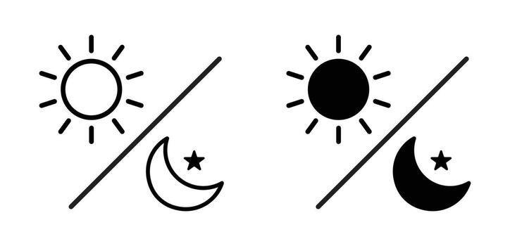 Day and night contrast icon showing sun and crescent moon with star divided by diagonal line in outline and solid versions vector