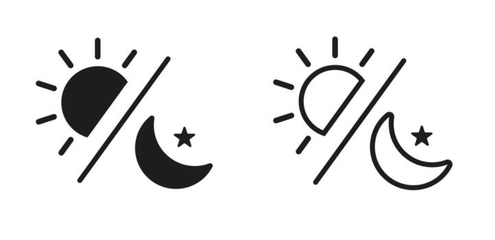 Day and night cycle icons featuring sun, moon, and star separated by a diagonal line in solid and outline styles for time or mode concept vector