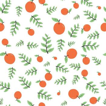 Seamless pattern of hand-drawn oranges and green leafy branches on white background in minimal fruit and foliage style vector