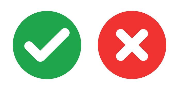 Green check mark and red cross icons in circular shapes representing approval and rejection, correct and incorrect status indicators vector