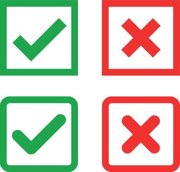 Set of green check marks and red cross icons inside square boxes representing correct and incorrect options, approval and rejection symbols vector