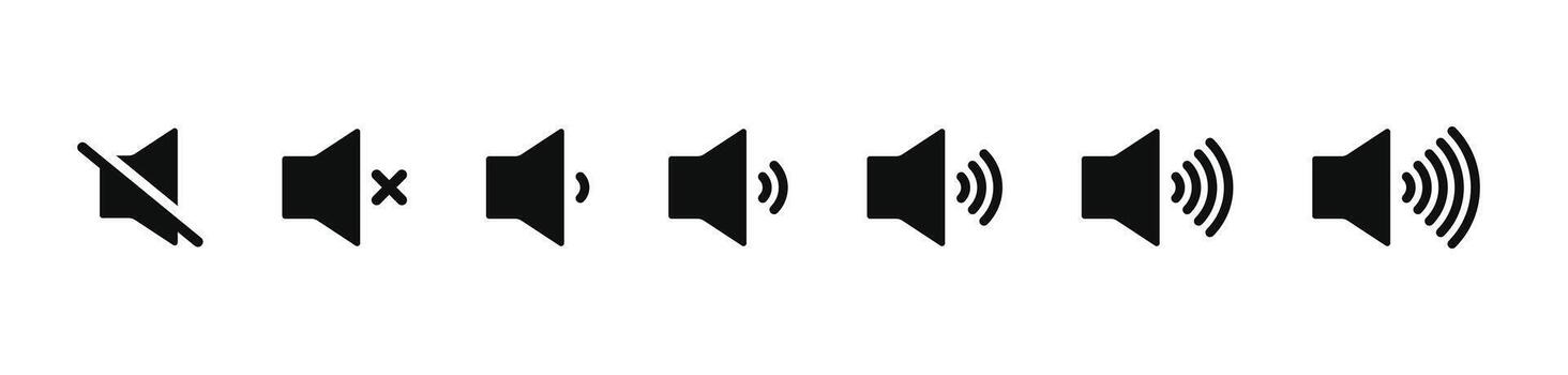 audio volume control icons showing mute to maximum sound levels in black isolated on white background vector