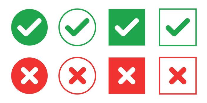 Green check marks and red cross icons in circle and square frames representing correct and incorrect status indicators vector