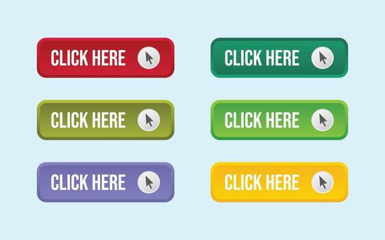 Set of colorful click here buttons with pointer icons in red, green, yellow, purple, and olive tones on light blue background vector