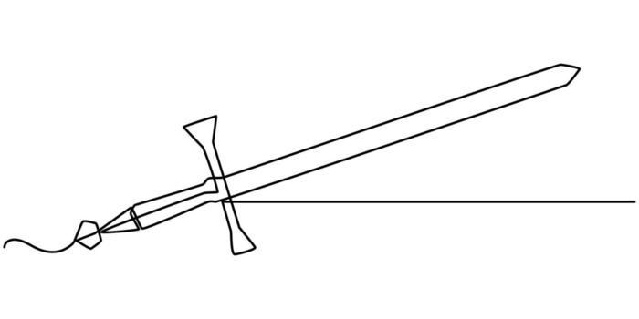 Continuous line drawing of sword, doodle icon design, object one line, single line art vector