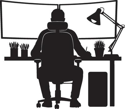 Arte de silueta de un hombre trabajando a un escritorio con dos monitores y un lámpara aislado en blanco antecedentes aislado en blanco antecedentes vector