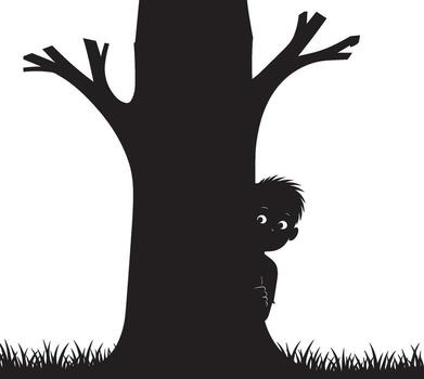 Art of a mysterious child peeking behind a tree silhouette isolated on white background, creating a spooky and playful scene in nature isolated on white background vector