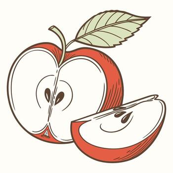 a red apple with a leaf on it and a slice cut in half vector