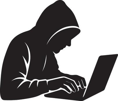 Hacker Typing on Laptop Silhouette Cybersecurity Tech Outline vector