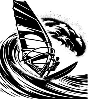 Windsurfer Carves Power Turn Beneath Exploding Cresting Wave vector