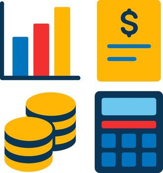 Graph chart, financial report, coins stack, calculator set vector