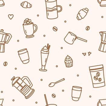 Monochrome seamless pattern with tools and utensils for coffee brewing drawn with contour lines on light background. illustration in linear style for wrapping paper, fabric print, wallpaper. vector
