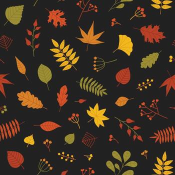 Botanical seamless pattern with autumn tree leaves and sprigs with berries on black background. Bright colored autumnal illustration in flat style for wrapping paper, backdrop, fabric print. vector