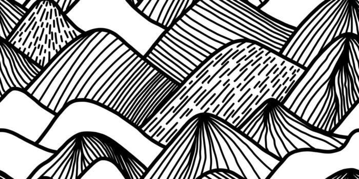 mano dibujado montaña sin costura modelo. japonés antecedentes con línea ola modelo. paisaje modelo en blanco fondo.. vector