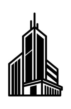 Stylized monochrome illustration of a modern skyscraper with sharp lines and geometric shapes. vector