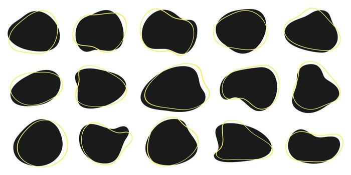 Set of liquid organic shapes. fluid abstract shapes. amoeba blob shapes. irregular round blot form with doodle circle line vector