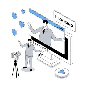 Blogging 3d isometric concept with isometry people design for web. Blogger recording new with camera, creating new post in blog, collecting likes and attracting followers. illustration vector