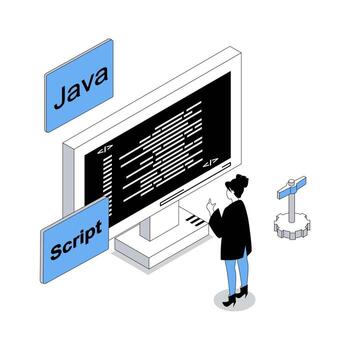 aplicación desarrollo 3d isométrica concepto con isometria personas diseño para web. mujer programación en Java a computadora pantalla, codificación guiones, haciendo mejoramiento y mando ajustes. ilustración vector