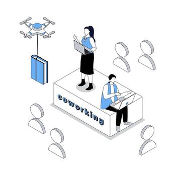 Coworking 3d isometric concept with isometry people design for web. Employees working at laptops in open office, cooperation and collaboration in group, professional networking. illustration vector