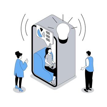 Coworking 3d isometric concept with isometry people design for web. Team working and discussing project at meeting, brainstorming and reporting, colleagues collaborating together. illustration vector