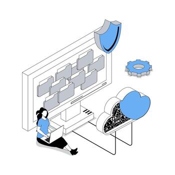 Cloud storage 3d isometric concept with isometry people design for web. Woman uploading or downloading files, managing digital library infrastructure with shield protections. illustration vector