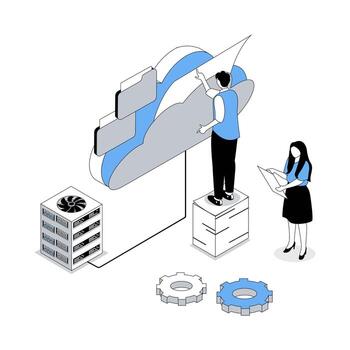 Cloud storage 3d isometric concept with isometry people design for web. Team work with virtual infrastructure for uploading and downloading data, processing with online datacente. illustration vector