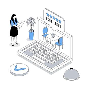 Booking 3d isometric concept with isometry people design for web. User making reservation of table at restaurant for romantic dinner, searching best waiter rating and ordering. illustration vector