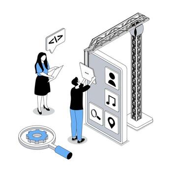 App development 3d isometric concept with isometry people design for web. Team creating mobile interface, placing applications buttons on screen, working with digital content. illustration vector