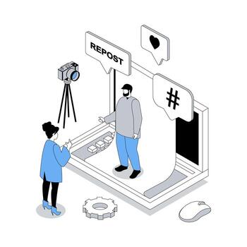 Blogging 3d isometric concept with isometry people design for web. Blogger team recording new in studio, creating content for posts in blog, communicating with audience. illustration vector