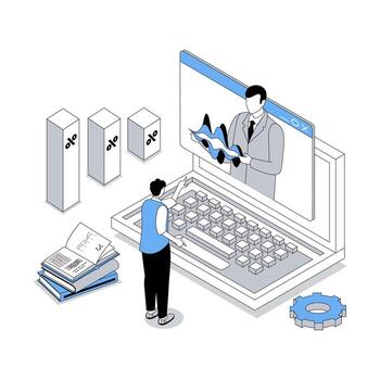 negocio formación 3d isométrica concepto con isometria personas diseño para web. empresario acecho profesional seminario, entrenador enseñando y consultante, equipo desarrollando proyecto. ilustración vector