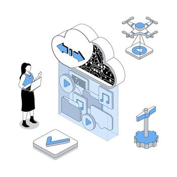 Cloud storage 3d isometric concept with isometry people design for web. Woman managing digital library of multimedia data and documents, making system organization with backup. illustration vector